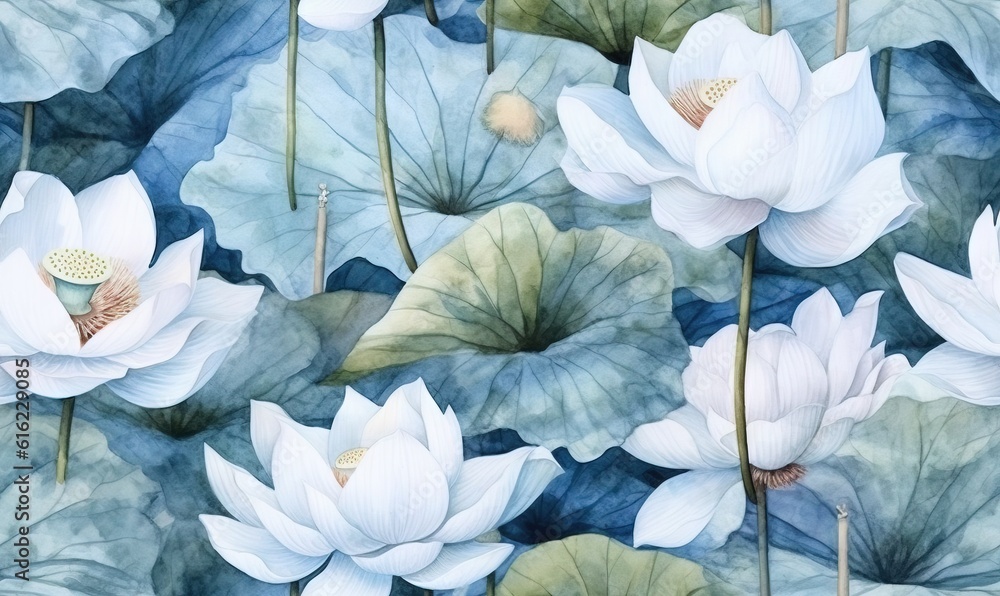 custom made wallpaper toronto digital a painting of white flowers and green leaves on a blue watercolored background, with a gold center piece in the center of the petals.  generative ai