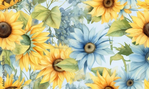  a painting of sunflowers and leaves on a blue background with watercolor paint on paper  and a brown spot in the middle of the center of the image.  generative ai