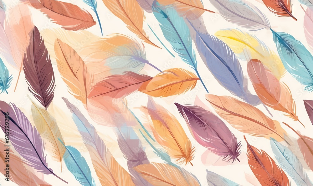 a pattern of colorful feathers on a white background with a blue, orange, and pink feather pattern on the bottom right corner of the image. generative ai a pattern of colorful feathers on a white background with a blue, orange, and pink feather pattern on the bottom right corner of the image. generative ai