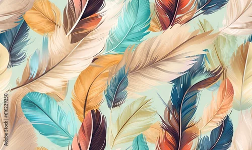 Obraz  a pattern of colorful feathers on a light blue background with a white background and a light blue background with a light blue background and a pattern of multicolored feathers.  generative ai