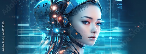 Illustration of a cyborg woman and Ai technology background   AI Generated