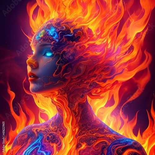 a human figure engulfed in flames, with their skin melting and transforming