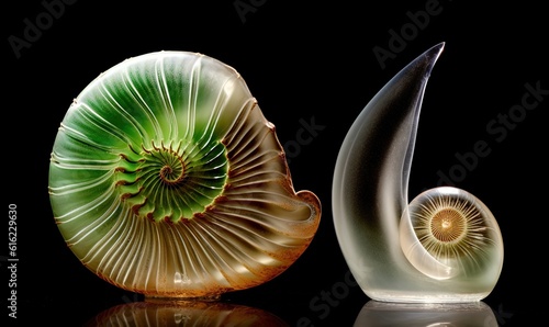  a glass sculpture of a snail and a shell on a black background with a reflection of the shell on the glass surface and a black background with a reflection of the shell.  generative ai