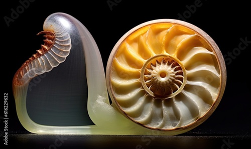  a close up of a shell on a black background with a black background and a white shell on the right side of the image, and a yellow shell on the left side of the right.  generative ai