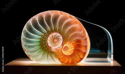  a large nauti shell on display on a wooden surface with a black background and a black background with a white border around the shell.  generative ai