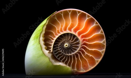  a close up of a shell on a black background with a black background and a black background with a black background and a white background with a black background.  generative ai