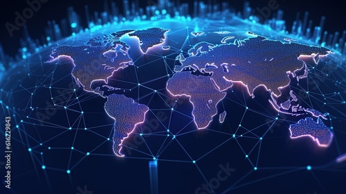 Fototapeta Naklejka Na Ścianę i Meble -  Futuristic background with planet Earth map data network, Generative AI