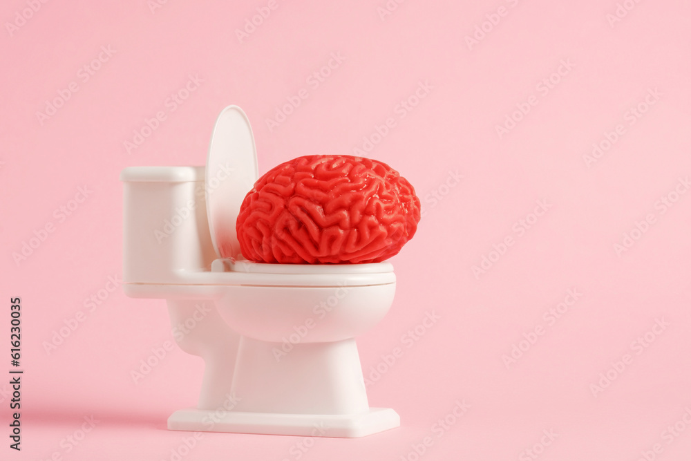 Model of human brain sitting on the white toilet on pastel pink color background. Brainwashing concept minimal art poster. Model of human brain sitting on the white toilet on pastel pink color background. Brainwashing concept minimal art poster.