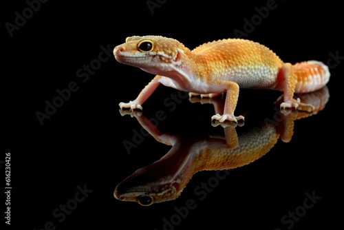 Fat-tailed geckos isolated on black, leopard gecko lizard, eublepharis macularius