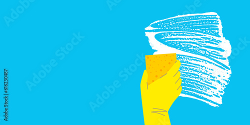 Hand in gloves with sponge wipes glass. Washing sponge. Cleaning service concept. Cleanup tools. Foam water. Liquid foam stain on glass. Soap bubbles. Washing the surface with foam sponge. Vector photo