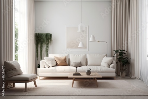 Neutral interior mockup of a modern living area with a sofa. Generative AI