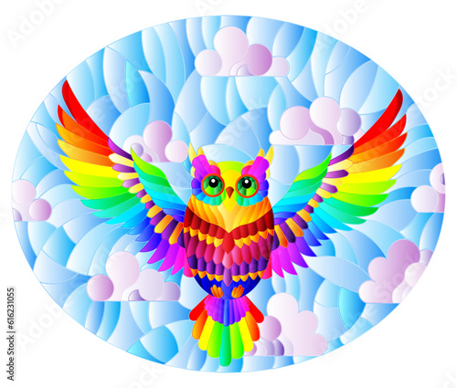 Illustration in stained glass style with abstract rainbow owl flying on sky background with clouds , oval image