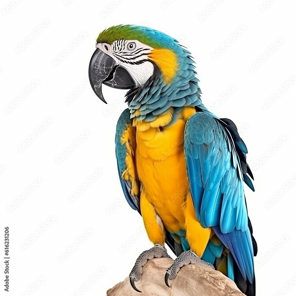 Macaw Ara parrot, beautiful turquoise blue orange bird with big beak, isolated on white close-up, Psittacidae