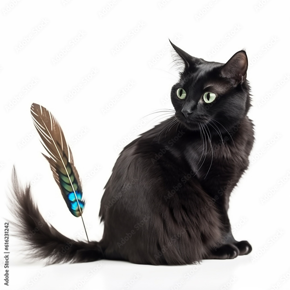 Unusual black cat with turquoise pavilion feather in tail, close-up isolated on white, generative ai Unusual black cat with turquoise pavilion feather in tail, close-up isolated on white, generative ai