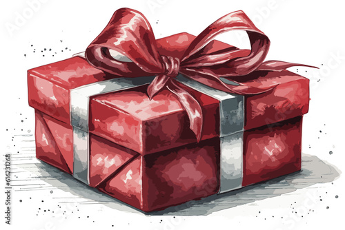 Close up of a christmas present, gift box with ribbon vector art illustration on white background.