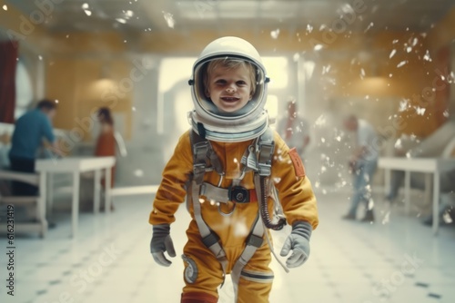 kid in spacesuit helmet floating through school. beautiful Generative AI AIG32 photo