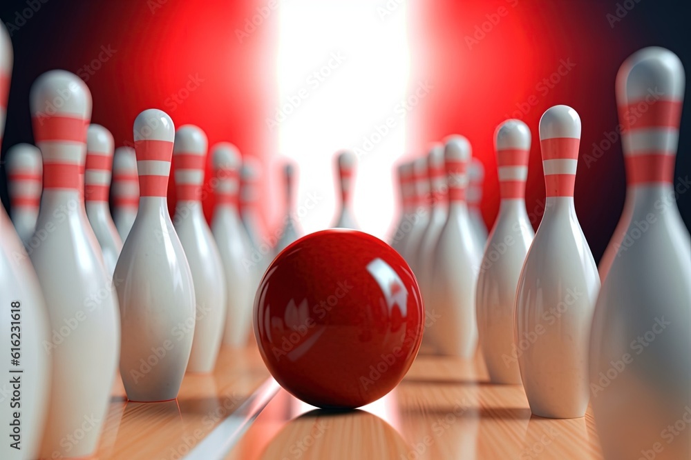 Fotografie Bowling ball with skittles,bowling background