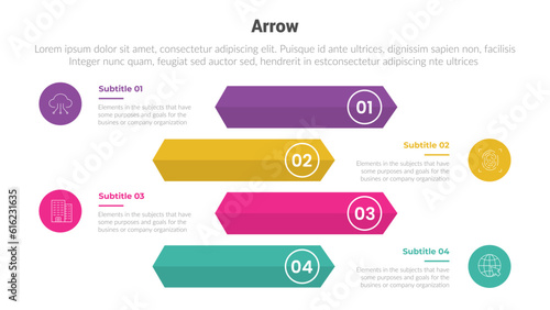 arrow or arrows stage infographics template diagram with rectangle shape vertical unsymmetric and 4 point step creative design for slide presentation