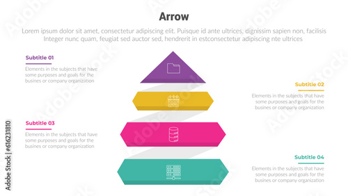 arrow or arrows stage infographics template diagram with upwards pyramid shape and 4 point step creative design for slide presentation