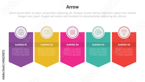 arrow or arrows stage infographics template diagram with banner badge box shape and 5 point step creative design for slide presentation