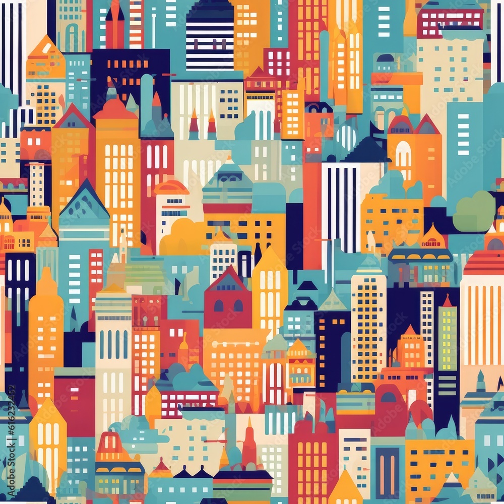 Colorful Skylines: A Trendy Cityscape Symphony in Bold Shades. Trendy seamless pattern. Digitales Papier. Generative ai illustration.
