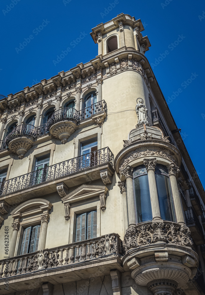 Barcelona, Spain - May 22, 2015: Residential building Plaza de la Boqueria, La Rambla street in Barcelona