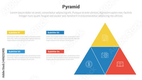 pyramid shape triangle stage infographics template diagram with pyramid with triangle composition and 4 point step creative design for slide presentation