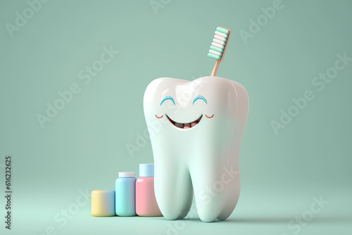 ai generated Illustration Cute cartoon tooth and toothbrush