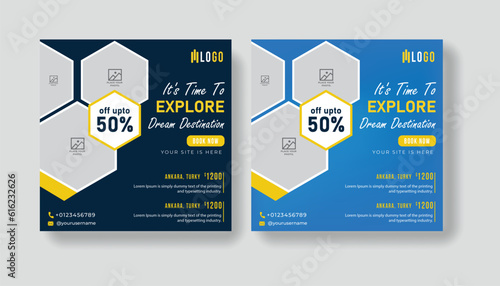 Summer vacation social media post template. Holiday package design and web banner for for travel agency.