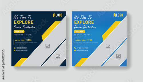 Summer vacation social media post template. Holiday package design and web banner for for travel agency.