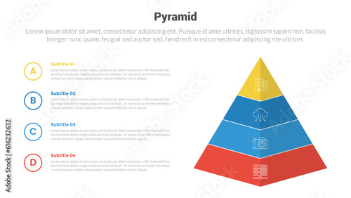 pyramid shape triangle stage infographics template diagram with 3d shape right position and 4 point step creative design for slide presentation