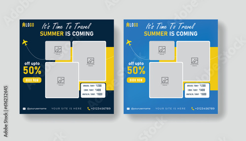 Summer vacation social media post template. Holiday package design and web banner for for travel agency.