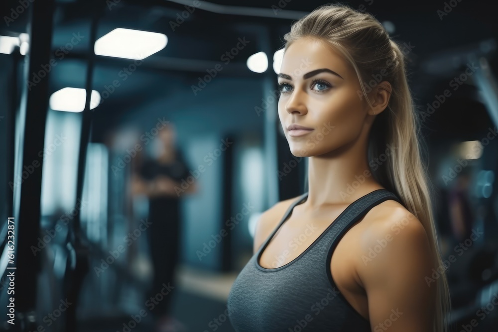 Gorgeous woman warming up and working out at gym. AI Generative