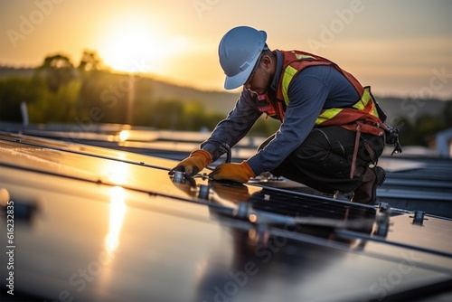 Professional engineer work to maintenance of solar panels system.