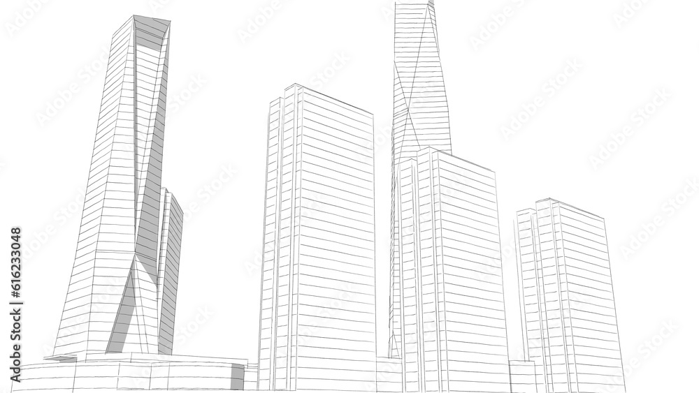 Naklejka premium Modern skyscrapers architectural sketch 3d illustration