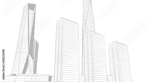 Modern skyscrapers architectural sketch 3d illustration