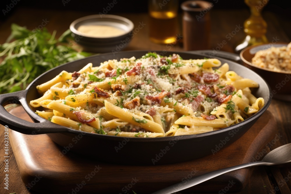 Penne carbonara close up food photography Penne carbonara close up food photography