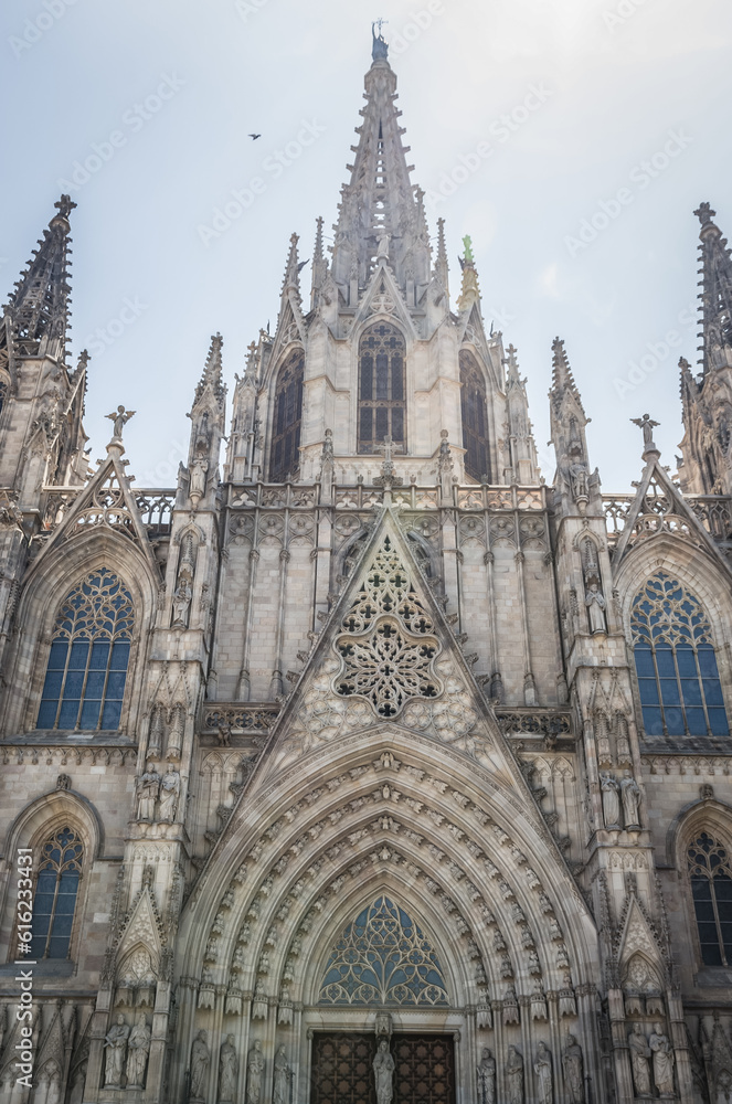 Facade of Cathedral of the Holy Cross and Saint Eulalia in Gothic Quarter of Barcelona city, Spain