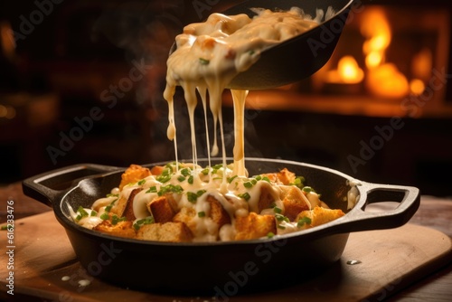 Melted cheese skillet close up food photography