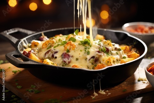 Melted cheese skillet close up food photography