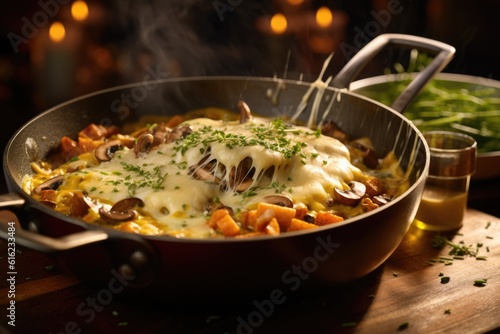 Melted cheese skillet close up food photography