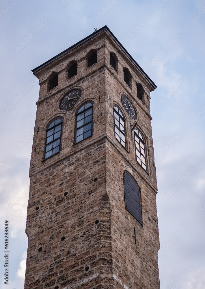 Clock Tower next to Gazi Husrev-beg Mosque in Bascarsija, historic part of Sarajevo, Bosnia and Herzegovina