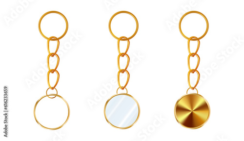 A set of gold or brass key chains in the shape of a circle. Chains made of metal or alloy. Metal key holders isolated on white background.