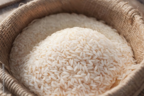 Rice in a canvas sack. Close up.