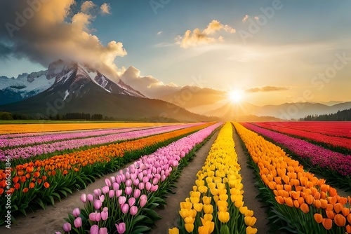field of tulips in spring generated Ai.