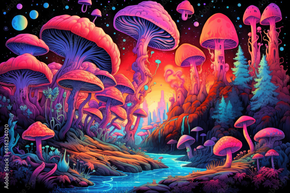 Abstract fantasy mushroom illustrations in cartoon style