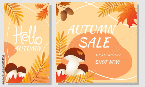Set autumn sale banners. Autumn leaves, cep and abstract shape on orange background. Design for social network, advertising.