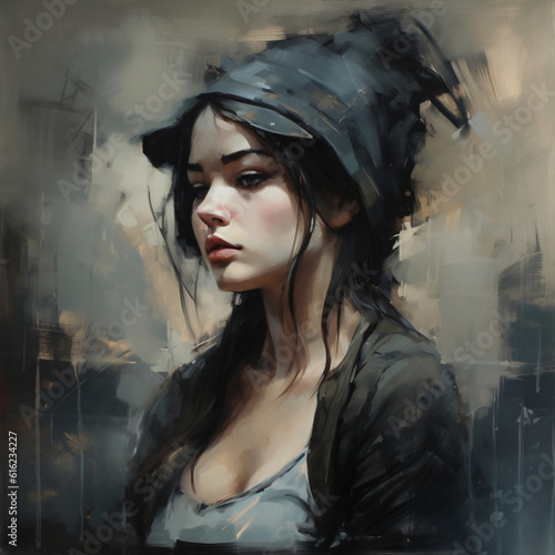 A grunge style digital painting of a woman with a hat on her head Generative Ai