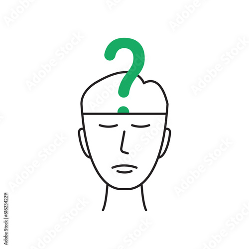 green question mark with thin line sad face. flat linear trend modern hr planning logotype stroke design web element isolated on white. concept of recruitment sign for business or amnesia therapy