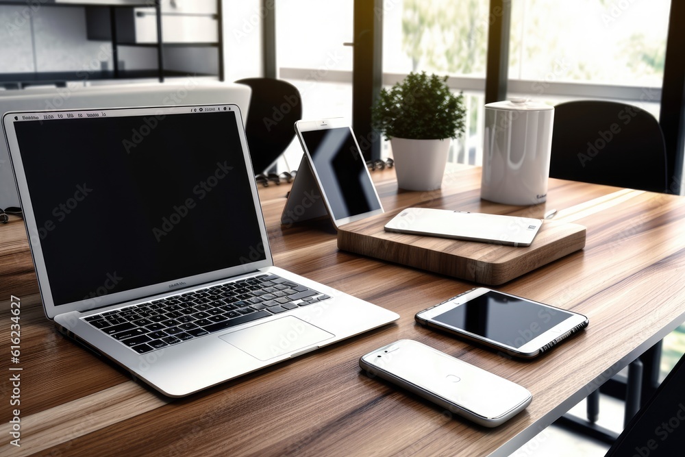 Mockup laptop and tablet with blank screens on a hardwood table in an office. Generative AI Mockup laptop and tablet with blank screens on a hardwood table in an office. Generative AI